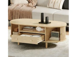 Mesa de centro ovalada 100x50x36 cm - 1 gaveta e 2 portas de correr - Armazenamento aberto - Folheado nogueira - MDF - Natural
