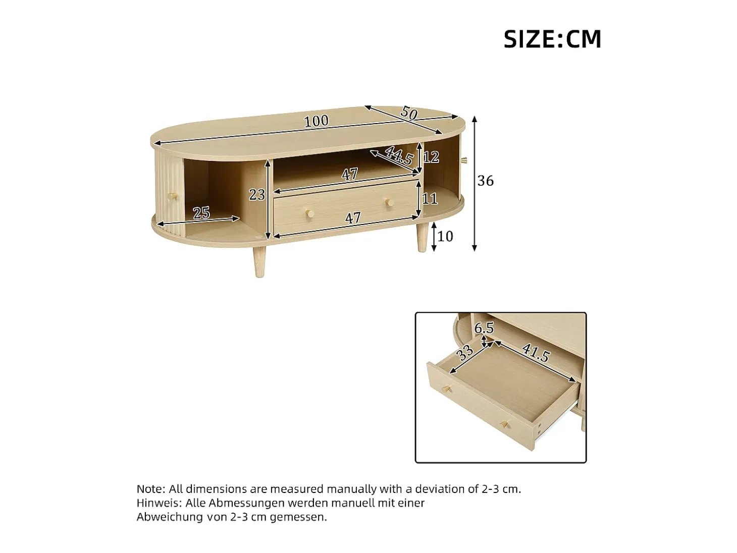 Mesa de centro ovalada 100x50x36 cm - 1 gaveta e 2 portas de correr - Armazenamento aberto - Folheado nogueira - MDF - Natural