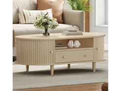 Mesa de centro ovalada 100x50x36 cm - 1 gaveta e 2 portas de correr - Armazenamento aberto - Folheado nogueira - MDF - Natural
