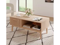 Mesa de centro para sala de estar com armazenamento - tampo resistente, pernas de madeira maciça, painel de arte arejado, gerenciamento de cabos, 100x50x43 cm