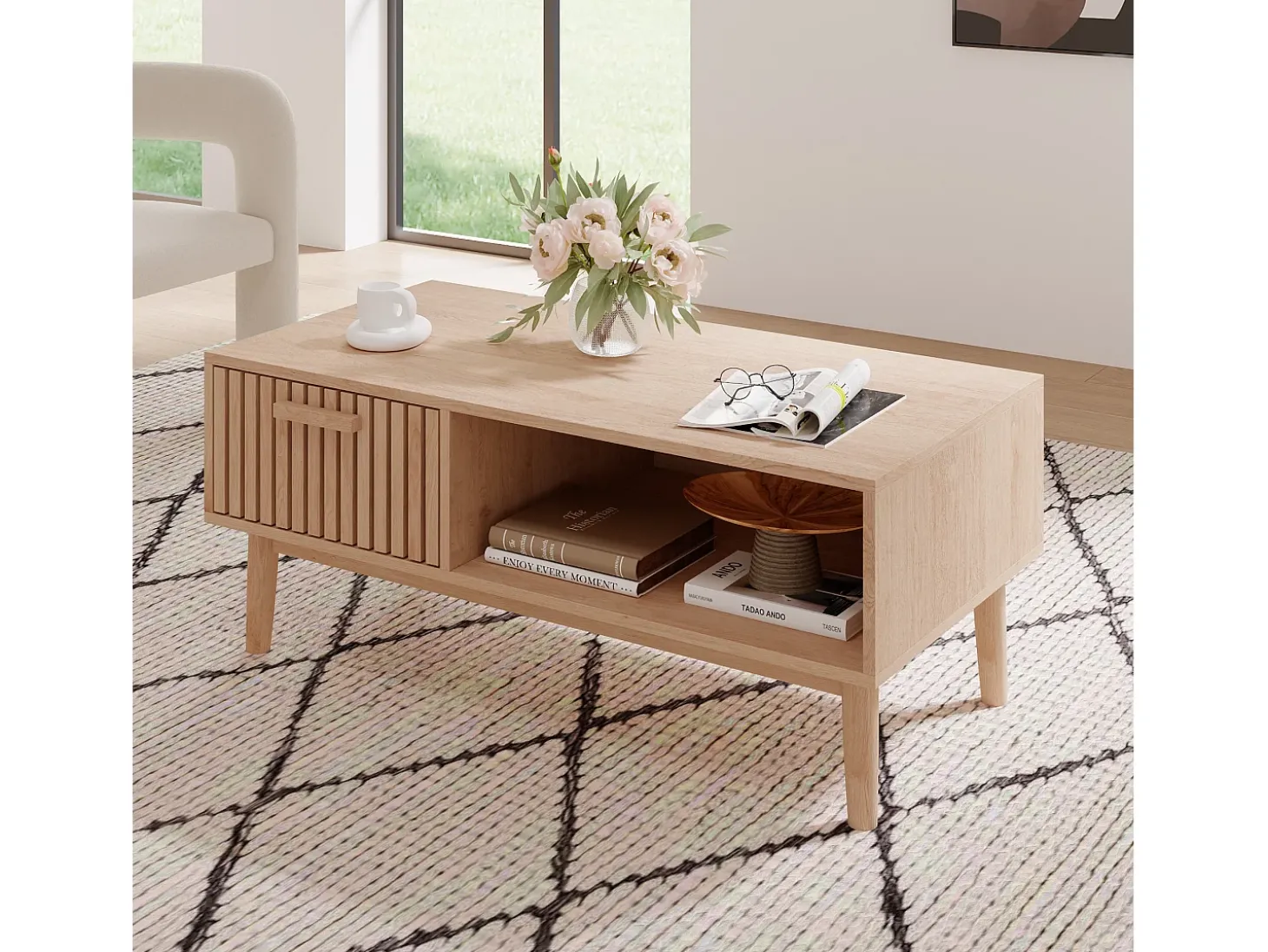Mesa de centro para sala de estar com armazenamento - tampo resistente, pernas de madeira maciça, painel de arte arejado, gerenciamento de cabos, 100x50x43 cm