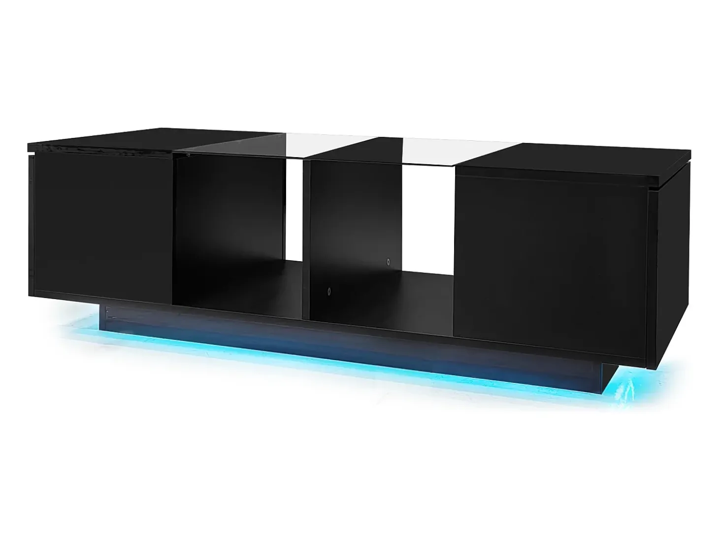 Mesa de centro preta com iluminação LED e espaço de arrumação - Tampo brilhante e painel central em vidro