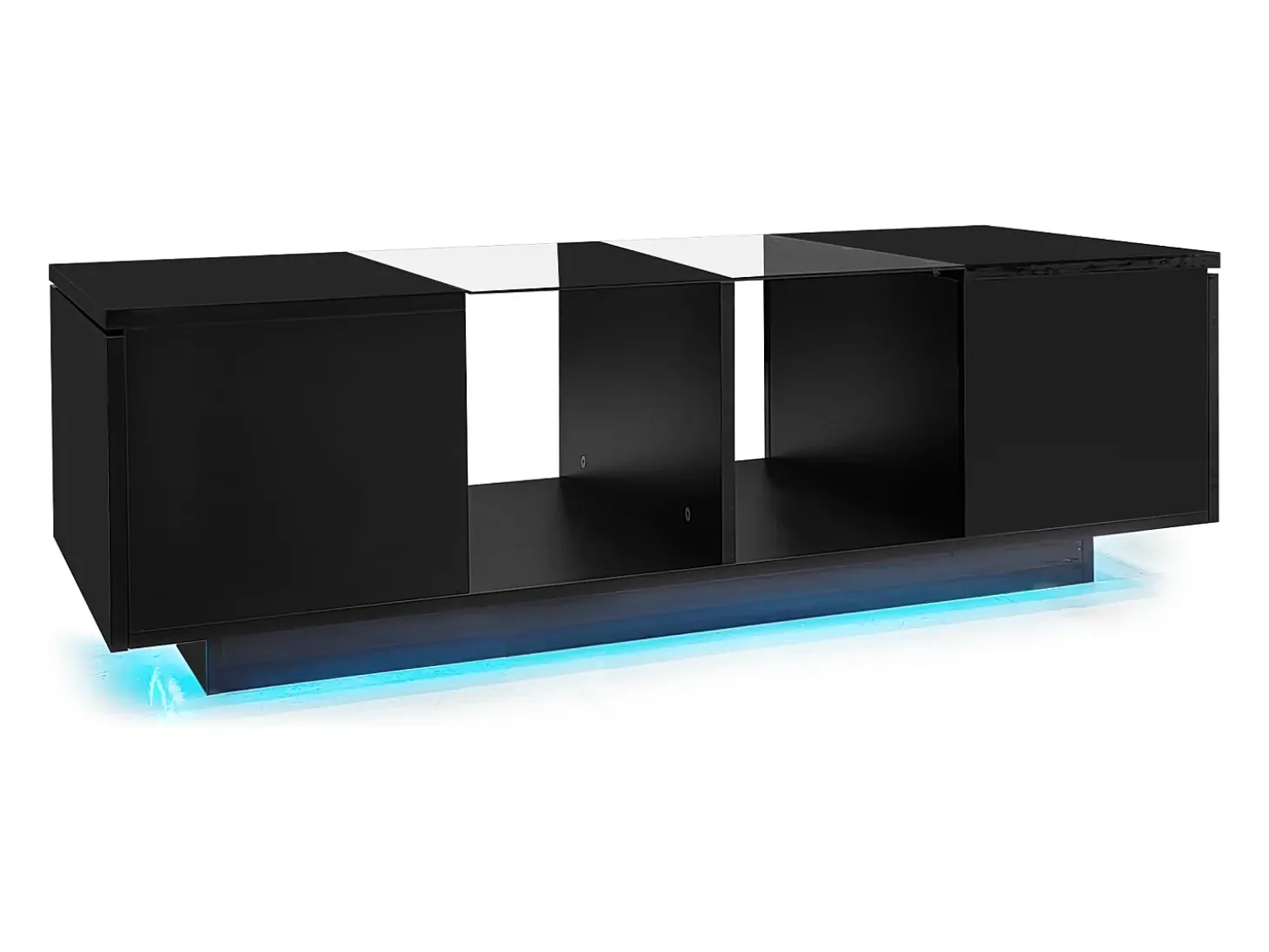 Mesa de centro preta com iluminação LED e espaço de arrumação - Tampo brilhante e painel central em vidro