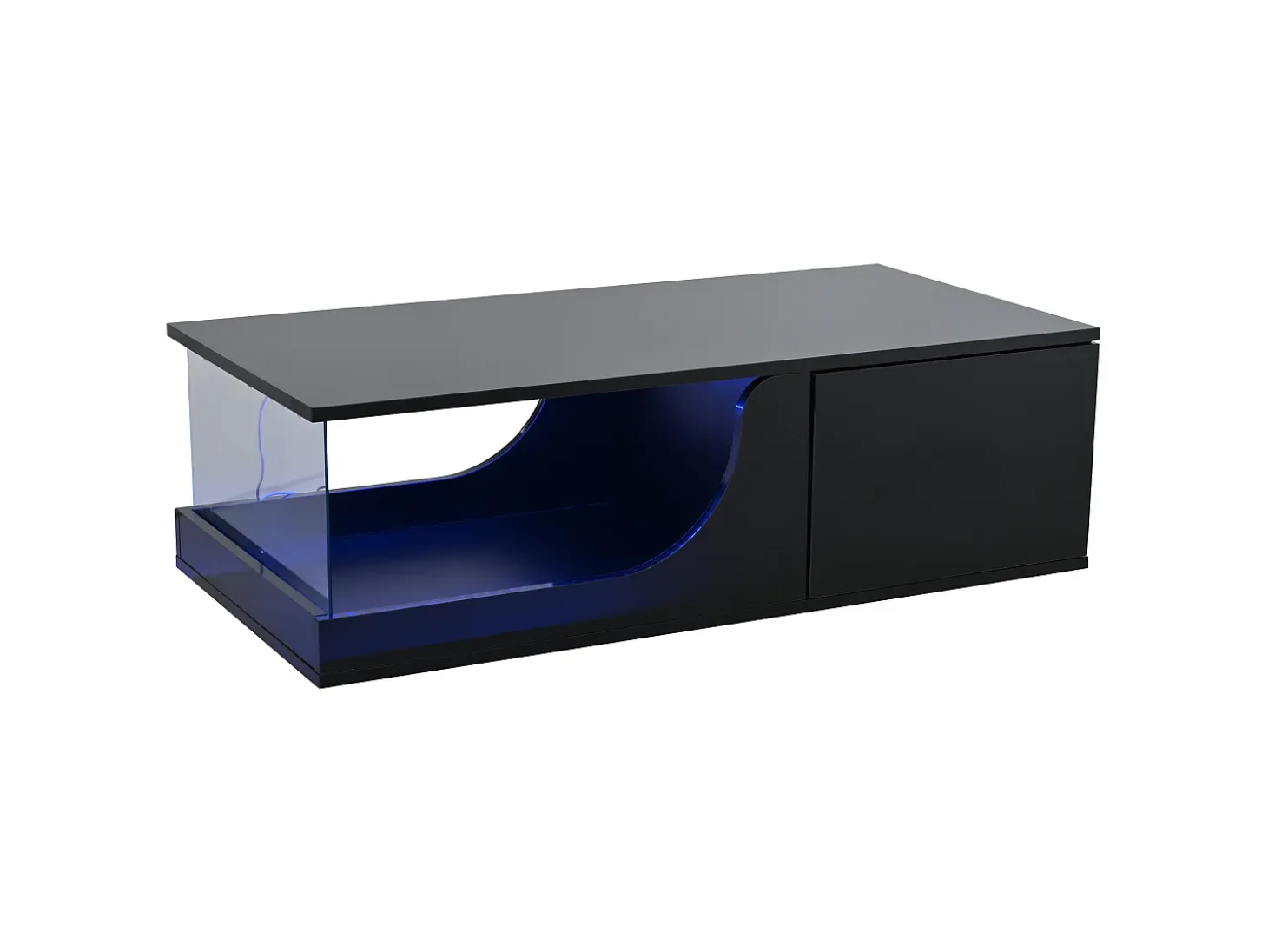 Mesa de centro preta com 2 gavetas, iluminação LED, vidro temperado 100x50x30cm