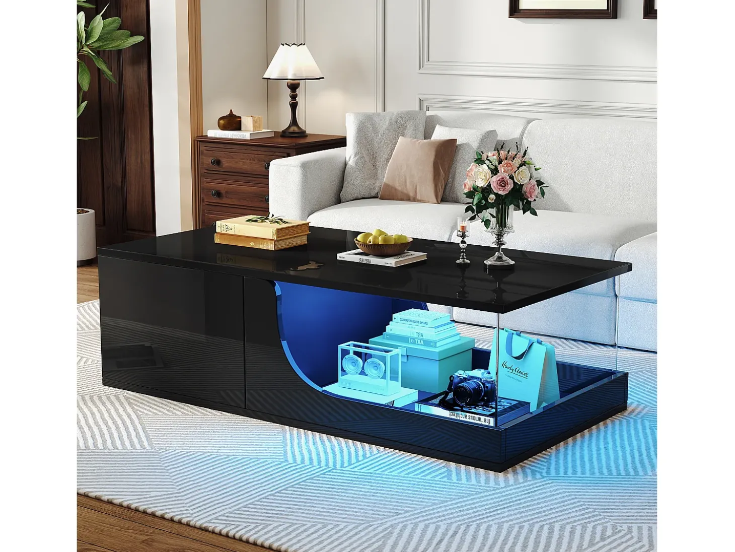 Mesa de centro preta com 2 gavetas, iluminação LED, vidro temperado 100x50x30cm