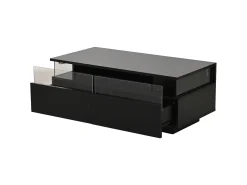 Mesa de centro preta com 2 gavetas, iluminação LED e tampo amovível 90x45x35,5cm