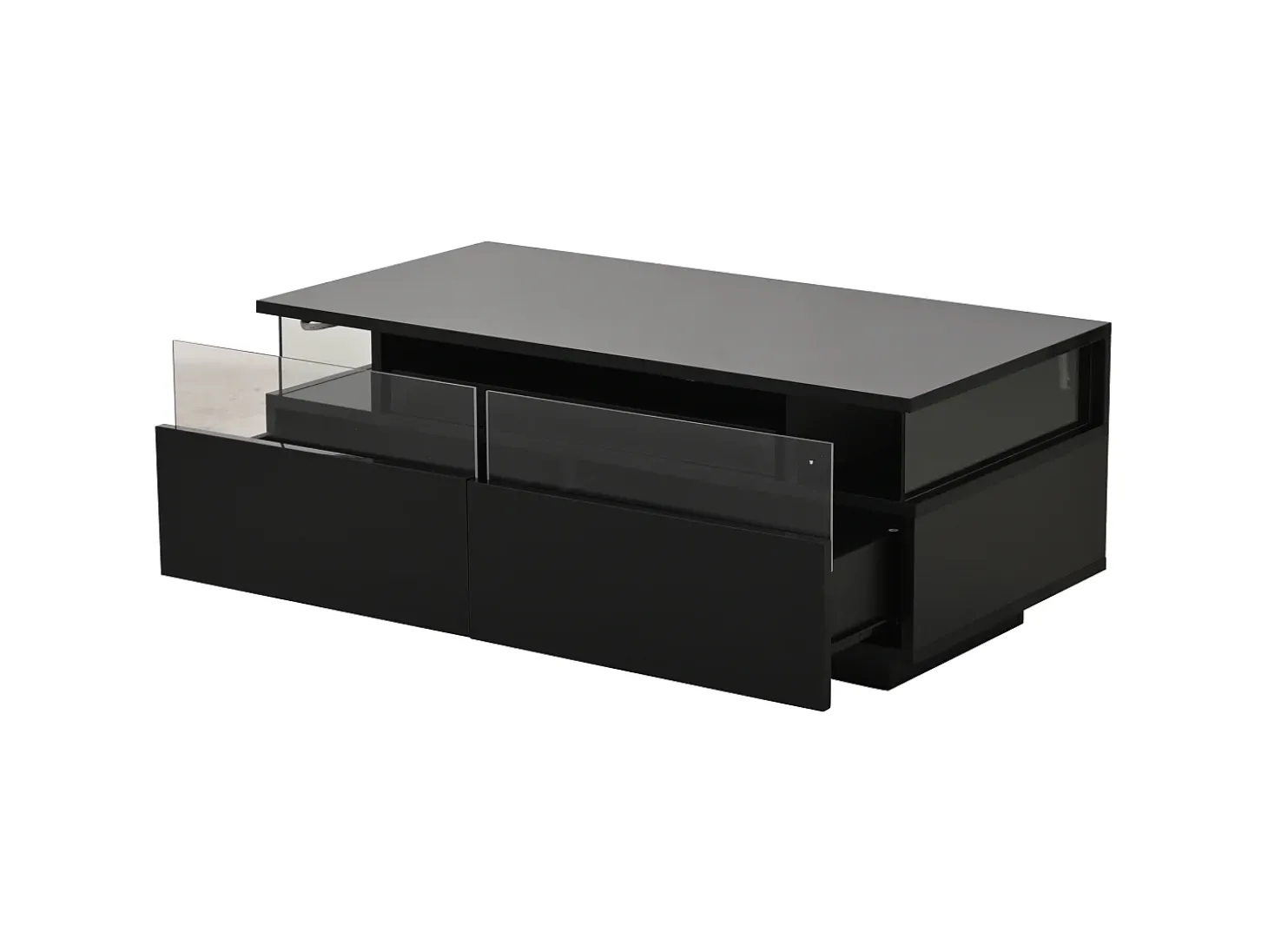 Mesa de centro preta com 2 gavetas, iluminação LED e tampo amovível 90x45x35,5cm