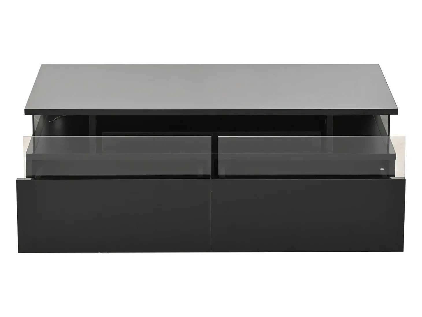 Mesa de centro preta com 2 gavetas, iluminação LED e tampo amovível 90x45x35,5cm