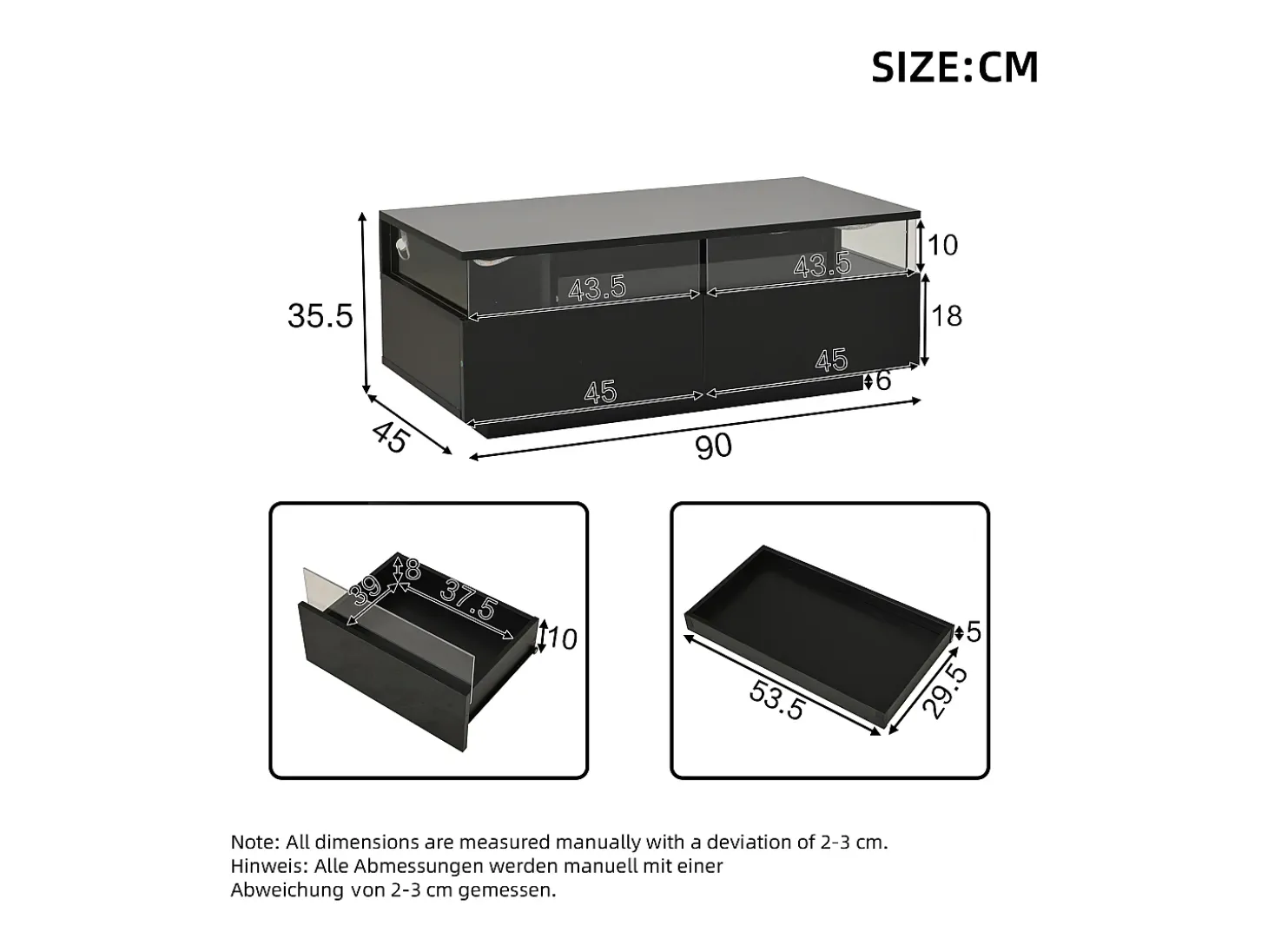 Mesa de centro preta com 2 gavetas, iluminação LED e tampo amovível 90x45x35,5cm
