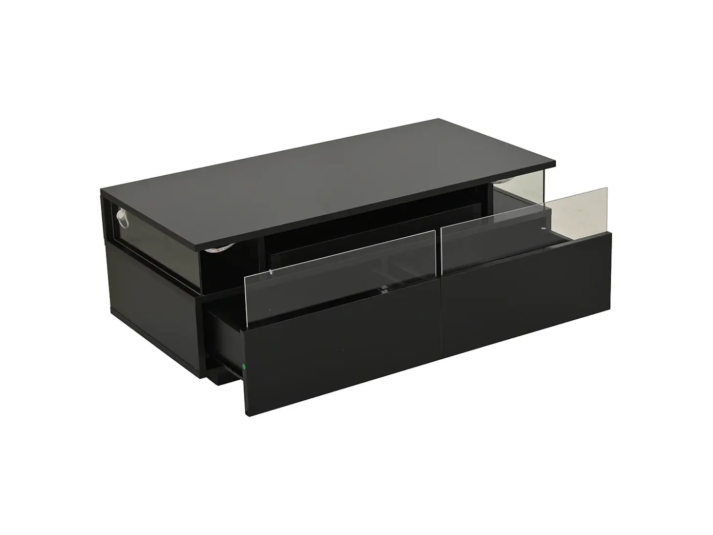 Mesa de centro preta com 2 gavetas, iluminação LED e tampo amovível 90x45x35,5cm