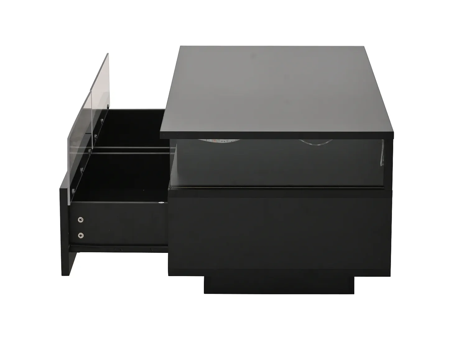 Mesa de centro preta com 2 gavetas, iluminação LED e tampo amovível 90x45x35,5cm