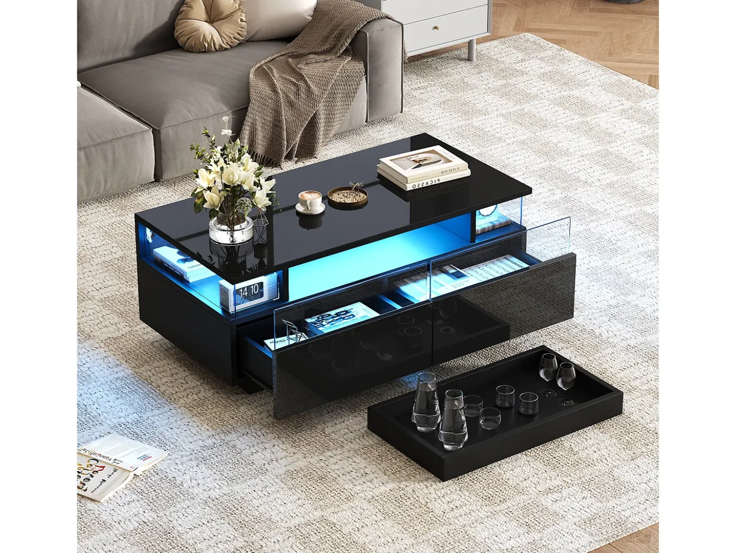 Mesa de centro preta com 2 gavetas, iluminação LED e tampo amovível 90x45x35,5cm