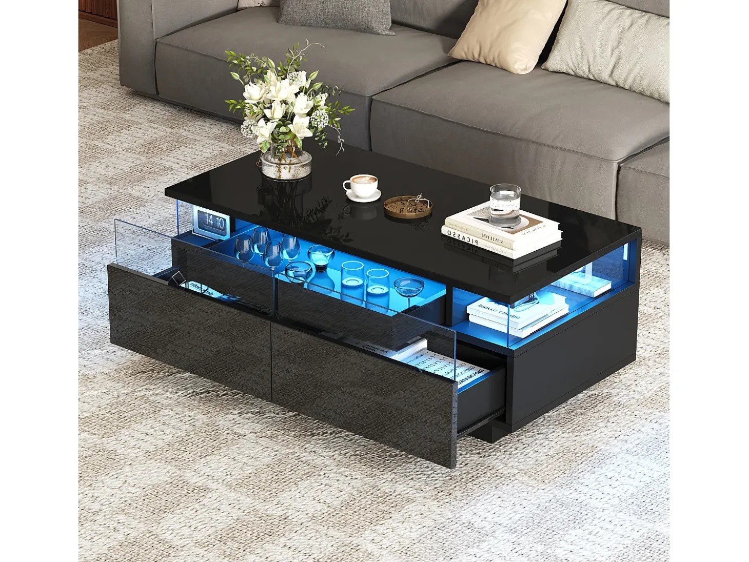 Mesa de centro preta com 2 gavetas, iluminação LED e tampo amovível 90x45x35,5cm