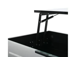 Mesa de centro preta elevável com 2 gavetas, iluminação e arrumação LED, tampo em vidro semi-temperado