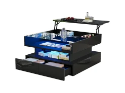 Mesa de centro preta elevável com 2 gavetas, iluminação e arrumação LED, tampo em vidro semi-temperado