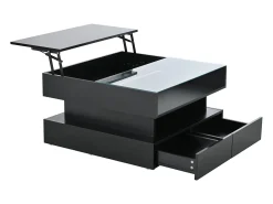 Mesa de centro preta elevável com 2 gavetas, iluminação e arrumação LED, tampo em vidro semi-temperado