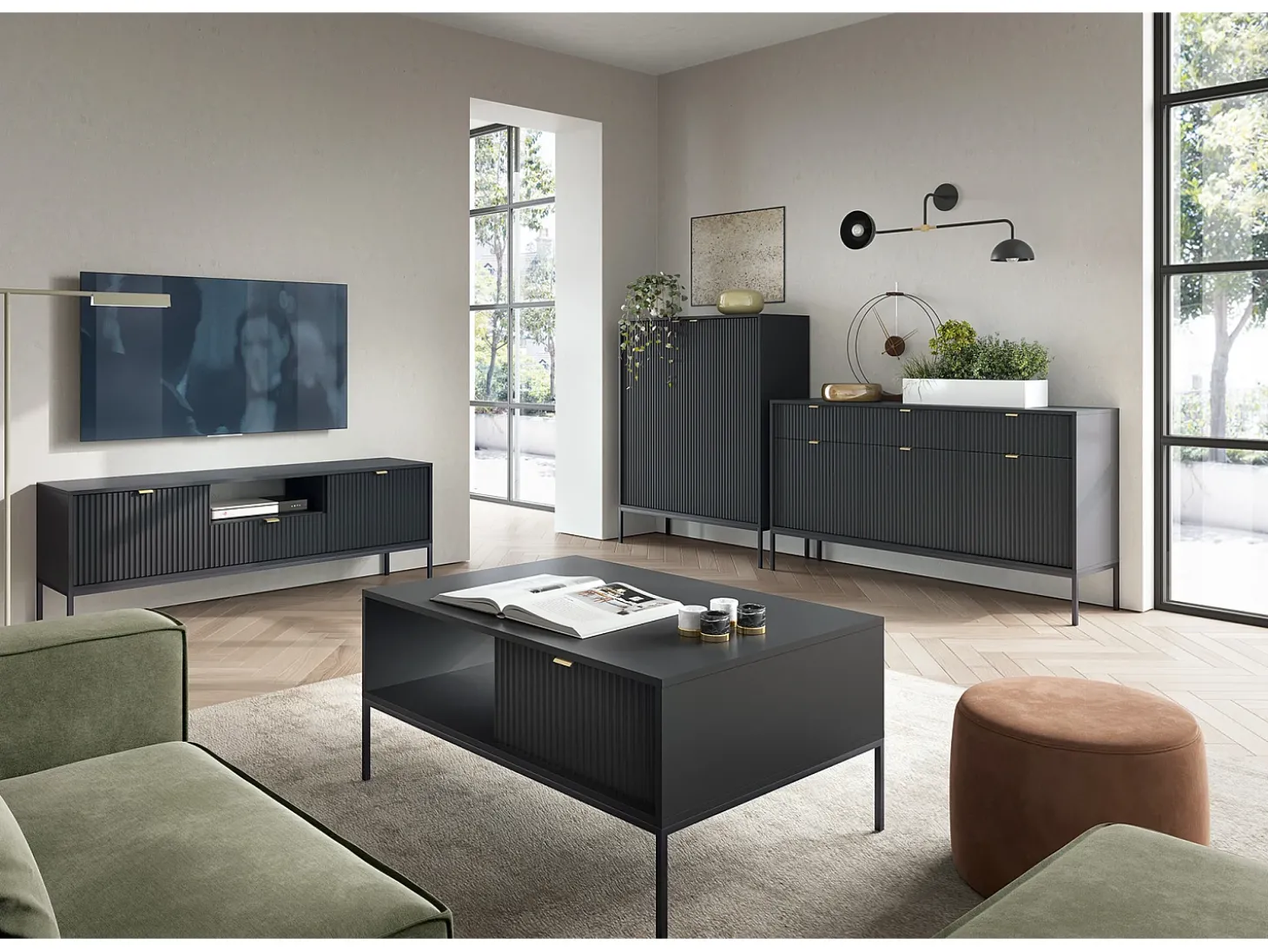 Mesa de centro: preta, preta, 104 x 46 x 68 cm, puxadores dourados