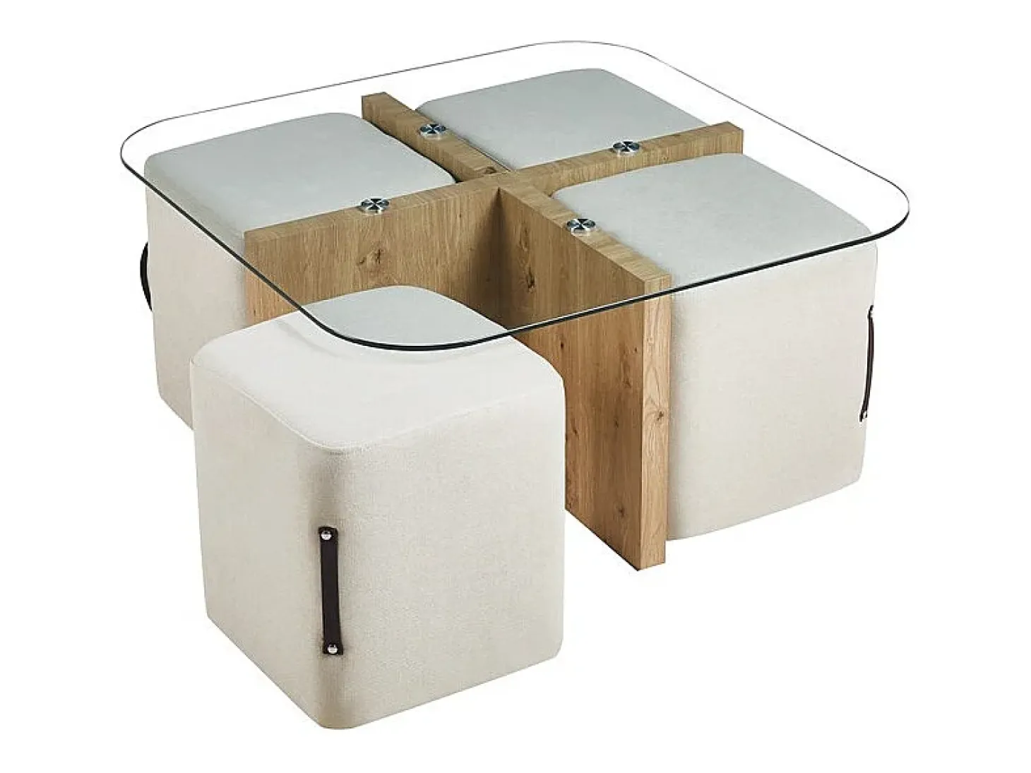 Mesa de centro QUADORA – Quadrada 90x90 cm – Vidro & carvalho envelhecido – Com 4 pufes brancos – Design prático e elegante
