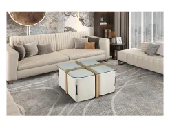 Mesa de centro QUADORA – Quadrada 90x90 cm – Vidro & carvalho envelhecido – Com 4 pufes brancos – Design prático e elegante