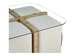 Mesa de centro QUADORA – Quadrada 90x90 cm – Vidro & carvalho envelhecido – Com 4 pufes brancos – Design prático e elegante