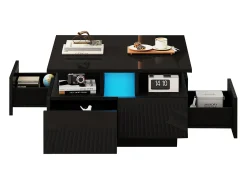 Mesa de centro quadrada brilhante 70×70×40 cm - com iluminação LED - 4 gavetas - preto