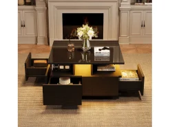 Mesa de centro quadrada brilhante 70×70×40 cm - com iluminação LED - 4 gavetas - preto