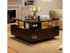 Mesa de centro quadrada brilhante 70×70×40 cm - com iluminação LED - 4 gavetas - preto