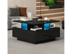Mesa de centro quadrada brilhante 70×70×40 cm - com iluminação LED - 4 gavetas - preto