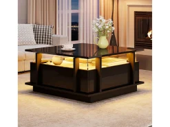 Mesa de centro quadrada brilhante 70x70x35 cm - con 2 gavetas - iluminação LED e prateleira de acrílico - painéis de partículas - preto