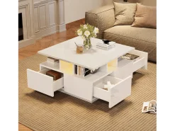 Mesa de centro quadrada brilhante 70×70×40 cm - com iluminação LED - 4 gavetas - branco