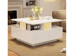 Mesa de centro quadrada brilhante 70×70×40 cm - com iluminação LED - 4 gavetas - branco