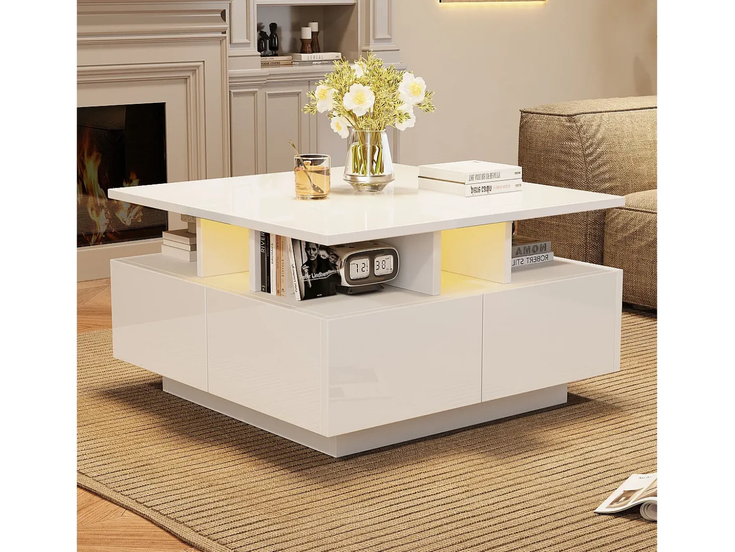 Mesa de centro quadrada brilhante 70×70×40 cm - com iluminação LED - 4 gavetas - branco