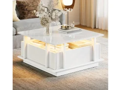 Mesa de centro quadrada brilhante 70x70x35 cm - con 2 gavetas - iluminação LED e prateleira de acrílico - painéis de partículas - branco