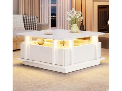 Mesa de centro quadrada brilhante 70x70x35 cm - con 2 gavetas - iluminação LED e prateleira de acrílico - painéis de partículas - branco
