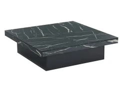 Mesa de centro quadrada com acabamento em folheado de mármore preto, tampo modular com 4 secções e gavetas integradas.