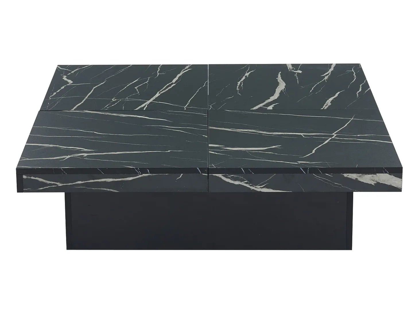 Mesa de centro quadrada com acabamento em folheado de mármore preto, tampo modular com 4 secções e gavetas integradas.