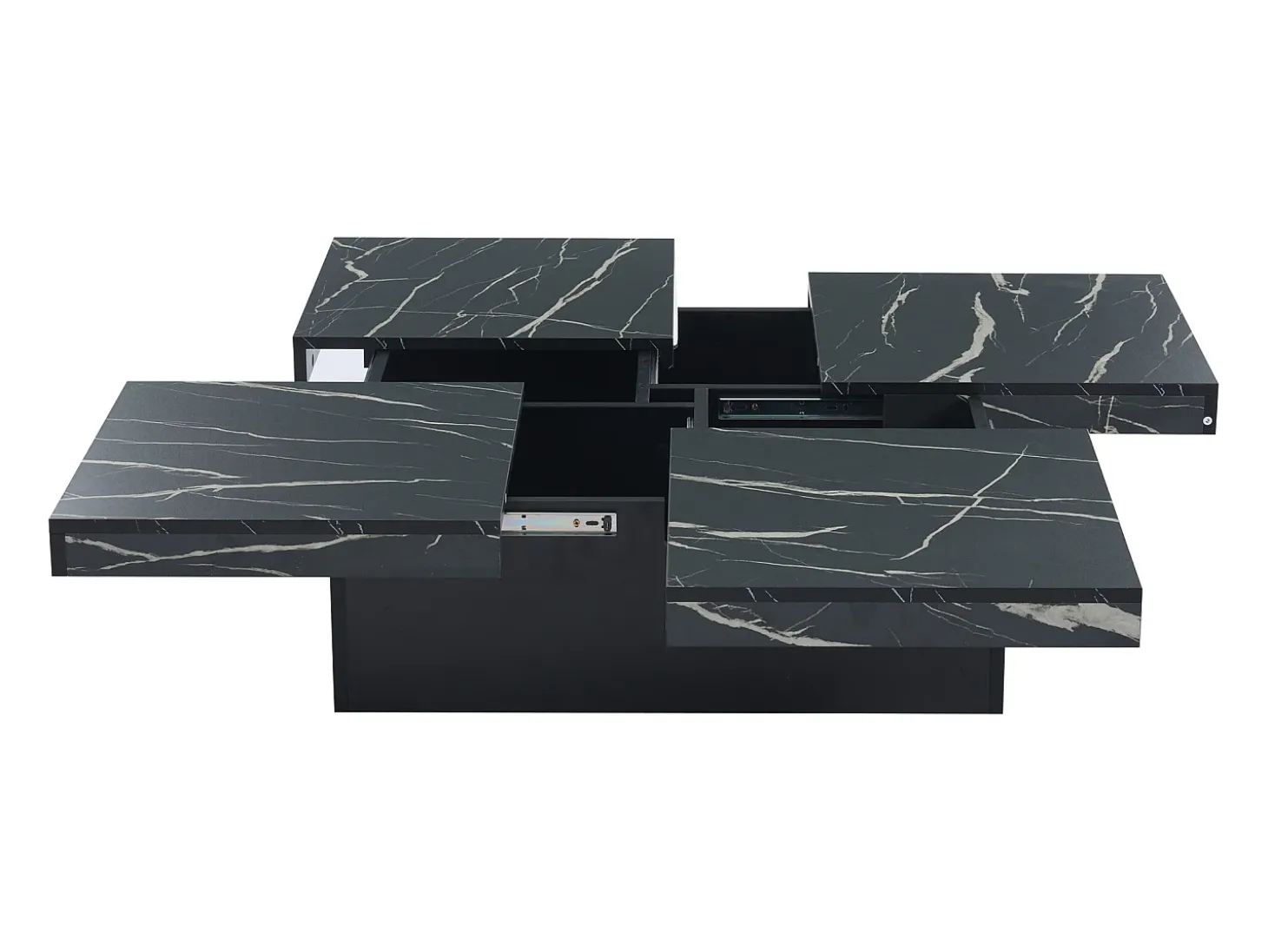 Mesa de centro quadrada com acabamento em folheado de mármore preto, tampo modular com 4 secções e gavetas integradas.