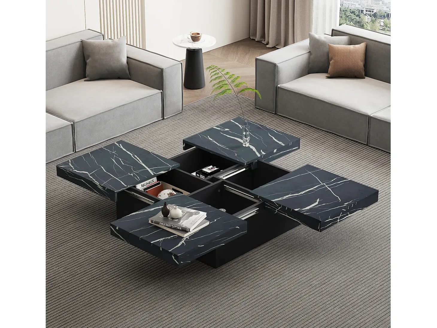 Mesa de centro quadrada com acabamento em folheado de mármore preto, tampo modular com 4 secções e gavetas integradas.