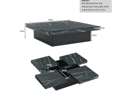 Mesa de centro quadrada com acabamento em folheado de mármore preto, tampo modular com 4 secções e gavetas integradas.