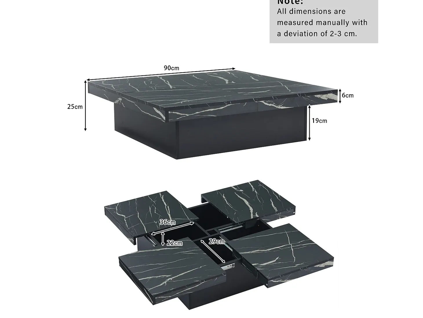 Mesa de centro quadrada com acabamento em folheado de mármore preto, tampo modular com 4 secções e gavetas integradas.