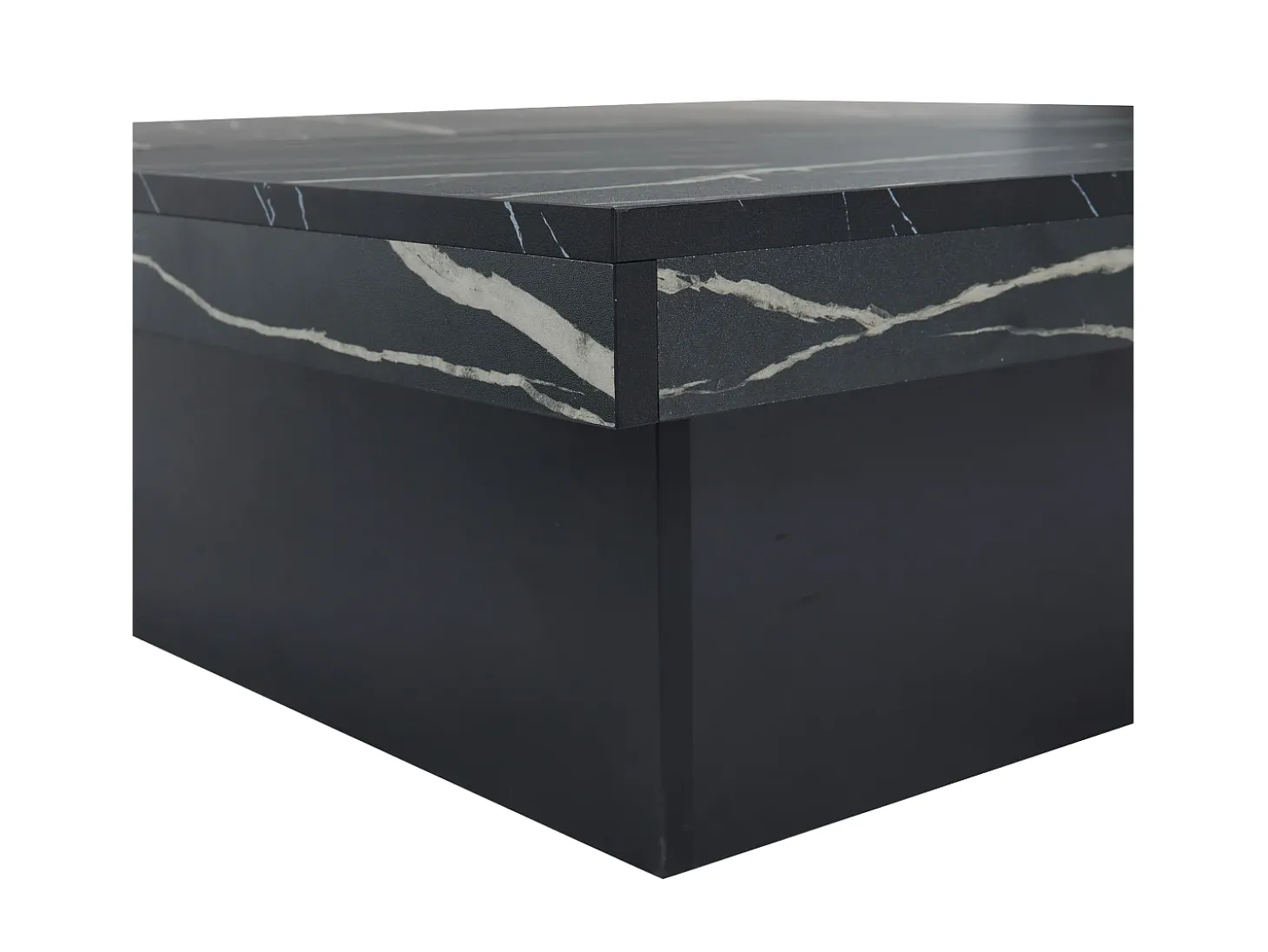 Mesa de centro quadrada com acabamento em folheado de mármore preto, tampo modular com 4 secções e gavetas integradas.