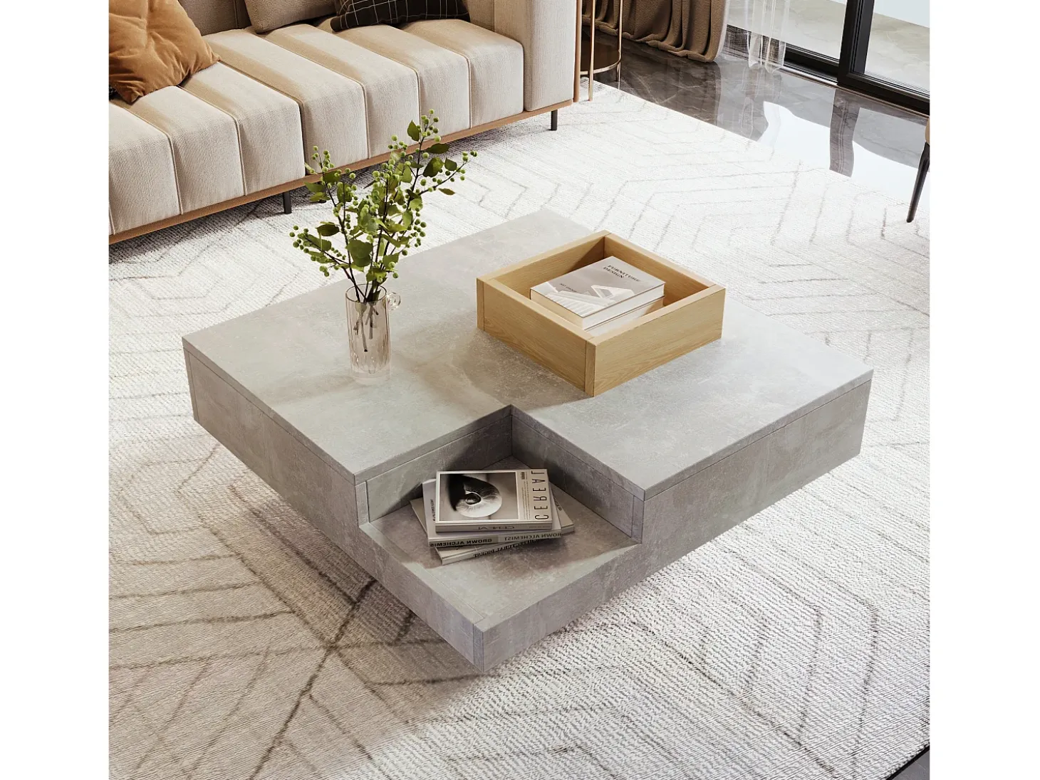 Mesa de centro quadrada com caixa de arrumação amovível - Cinza claro
