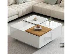 Mesa de centro quadrada com 4 gavetas - Tampo deslizante pequeno - Acabamento brilhante - Branco