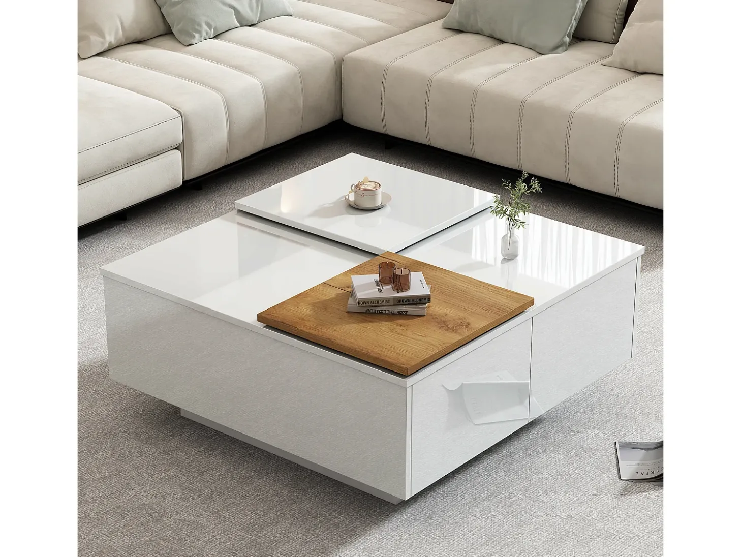 Mesa de centro quadrada com 4 gavetas - Tampo deslizante pequeno - Acabamento brilhante - Branco