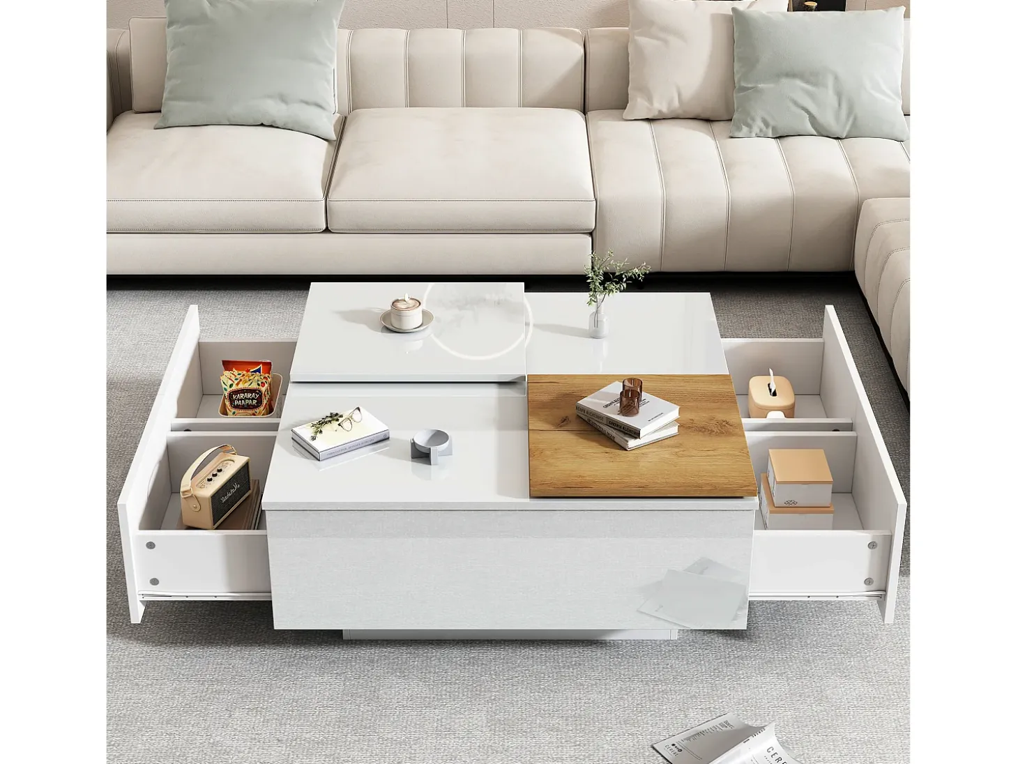 Mesa de centro quadrada com 4 gavetas - Tampo deslizante pequeno - Acabamento brilhante - Branco