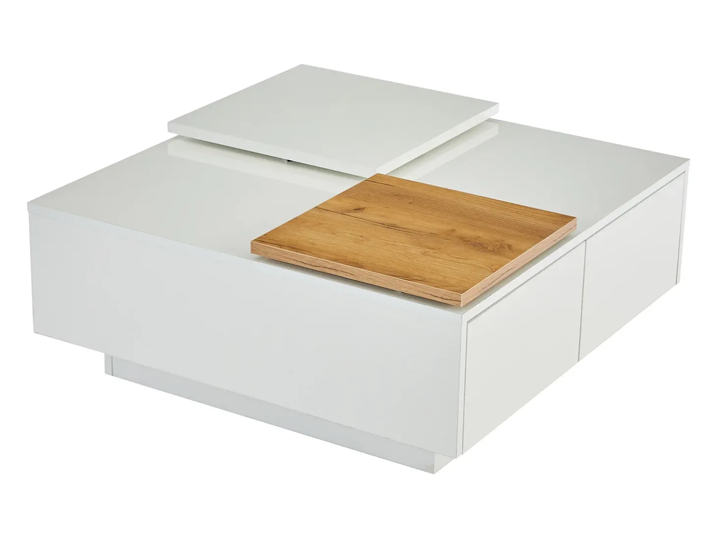 Mesa de centro quadrada com 4 gavetas - Tampo deslizante pequeno - Acabamento brilhante - Branco