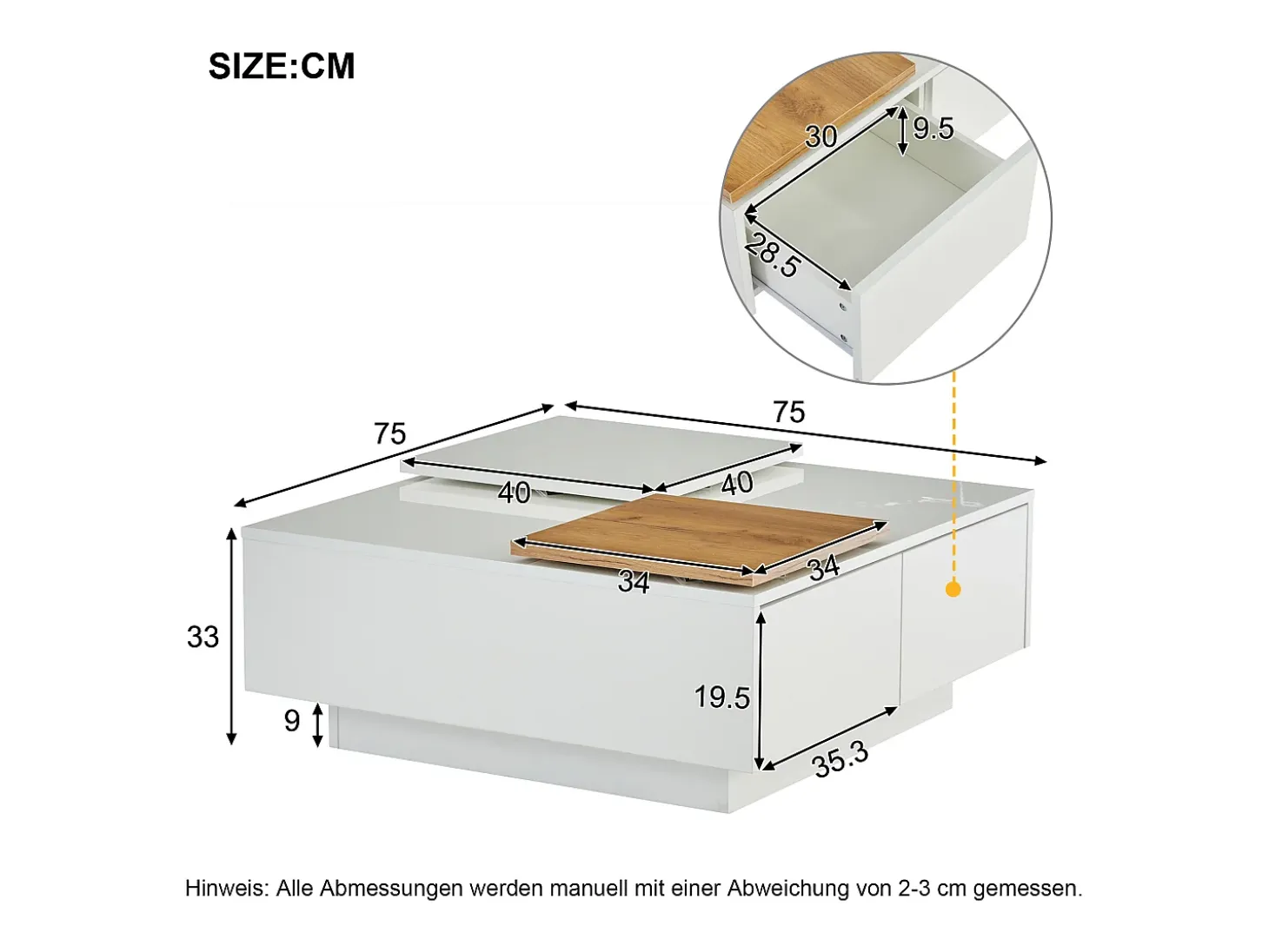 Mesa de centro quadrada com 4 gavetas - Tampo deslizante pequeno - Acabamento brilhante - Branco