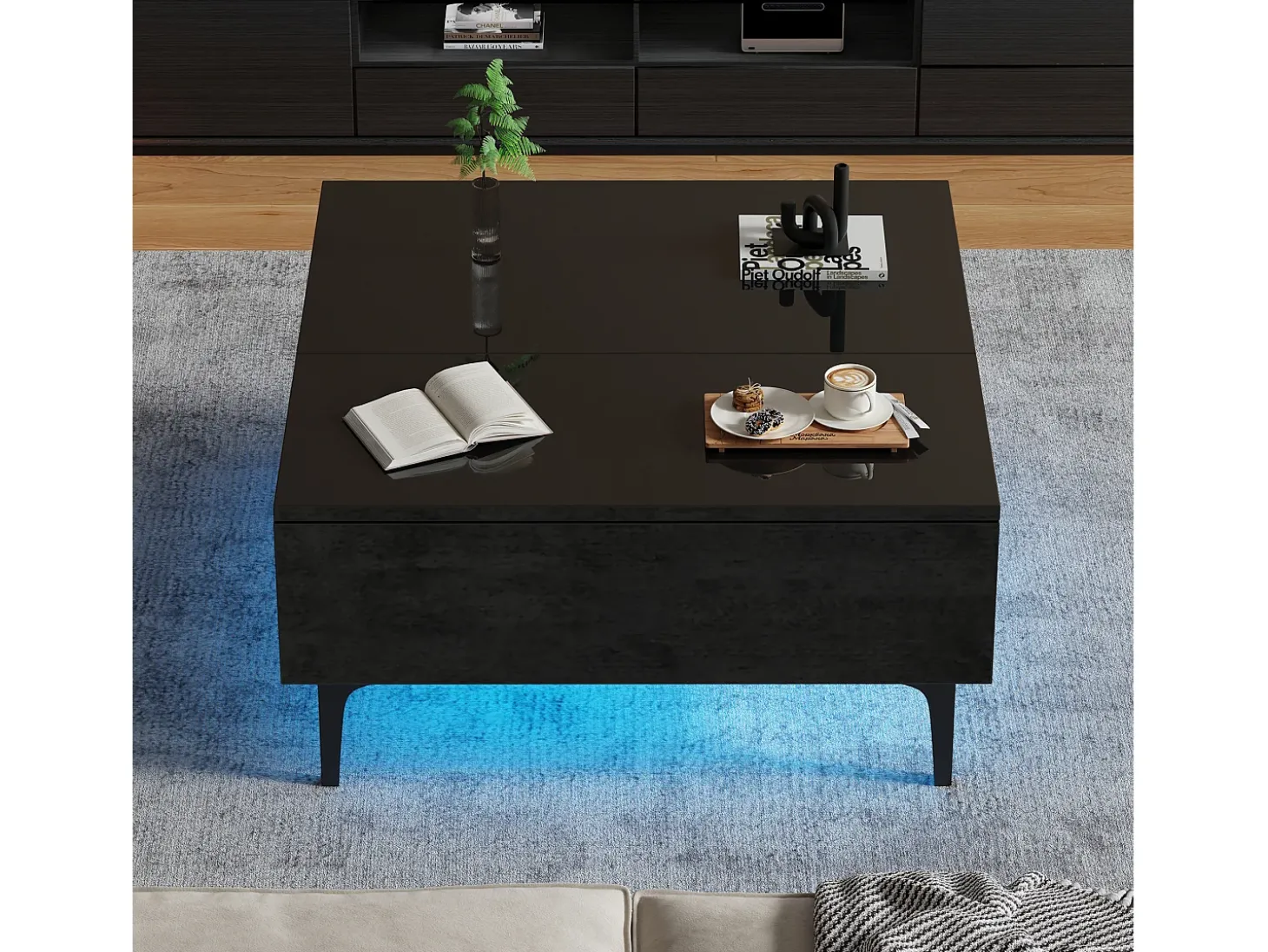Mesa de centro quadrada com tampo elevatório, 1 gaveta e compartimentos ocultos, LED incluído, preta