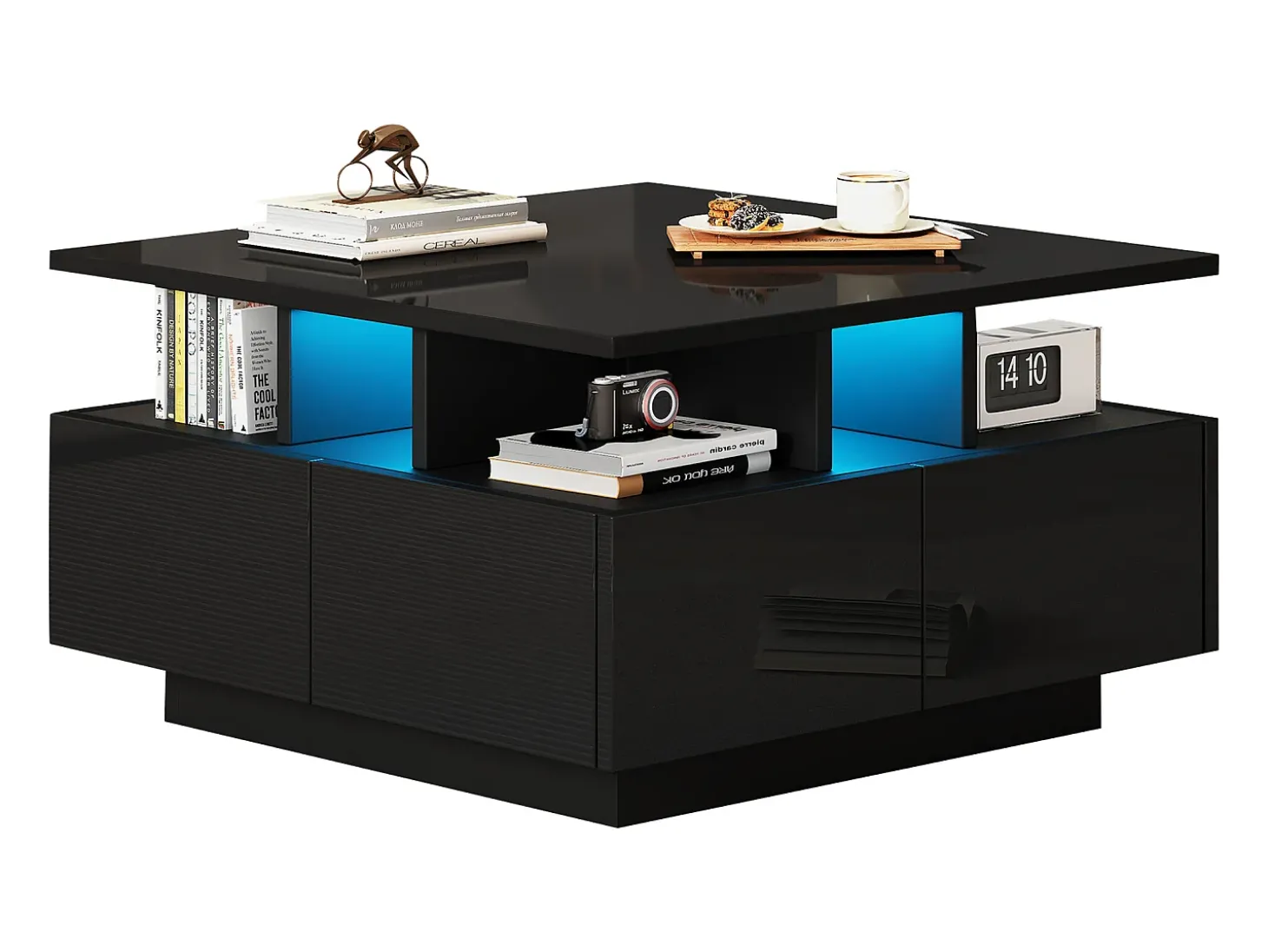 Mesa de centro quadrada com 4 gavetas e iluminação LED - Acabamento em preto brilhante