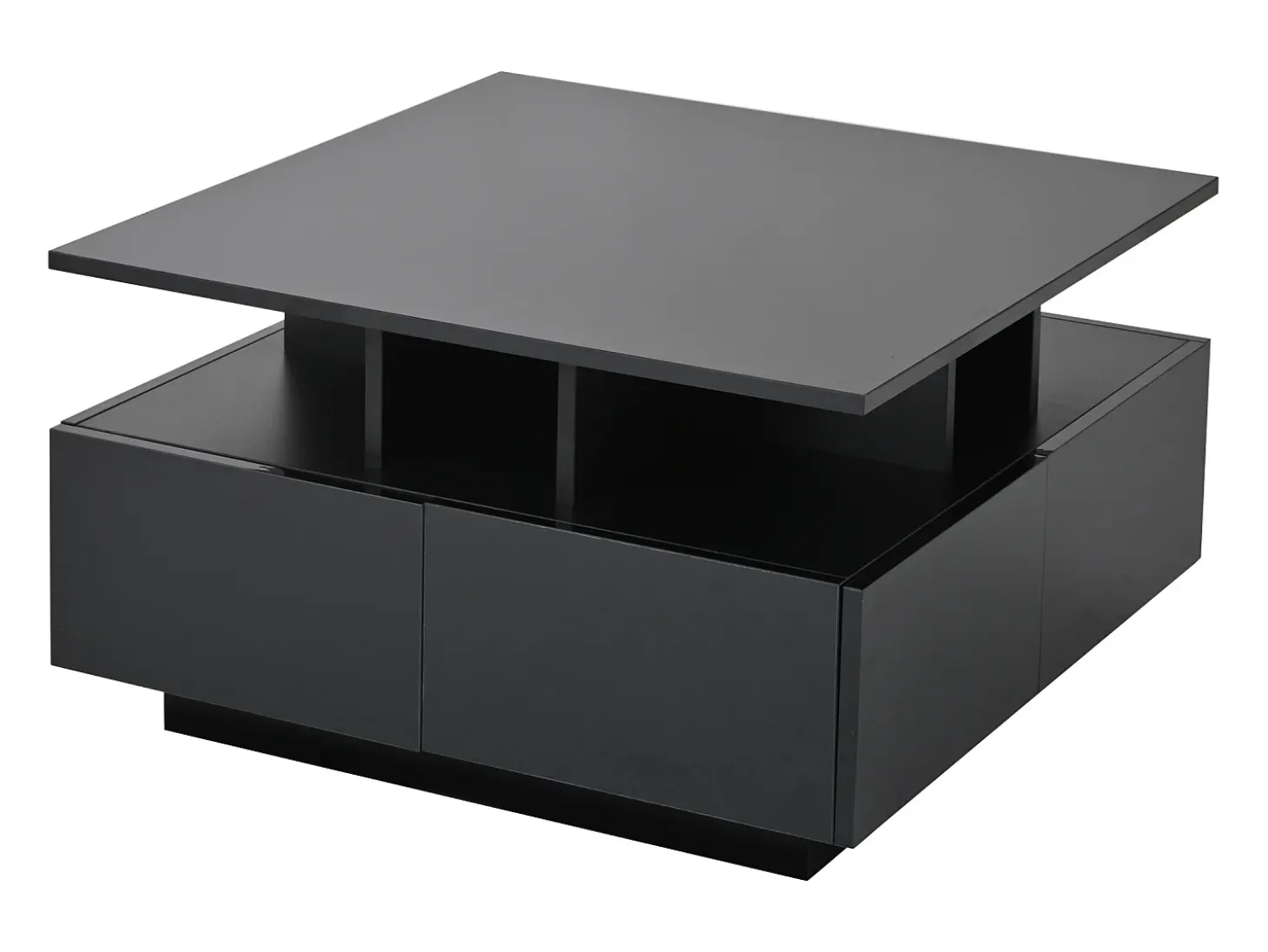Mesa de centro quadrada com 4 gavetas e iluminação LED - Acabamento em preto brilhante